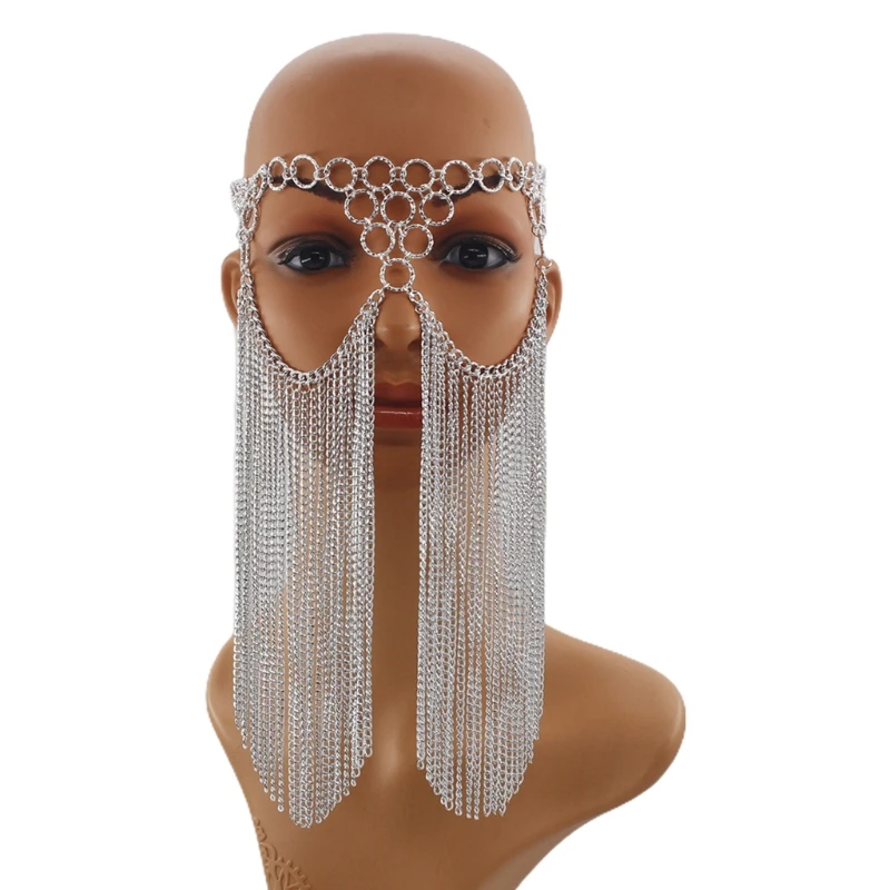 

Punk Party Shiny Mesh Tassel Veil Circle O-Ring Metal Chain Masquerade Face Mask 1920s Vintage Belly Dance Jewelry Headband