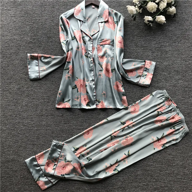 Женский пижамный комплект из двух предметов шелковая пижама с длинным рукавом и