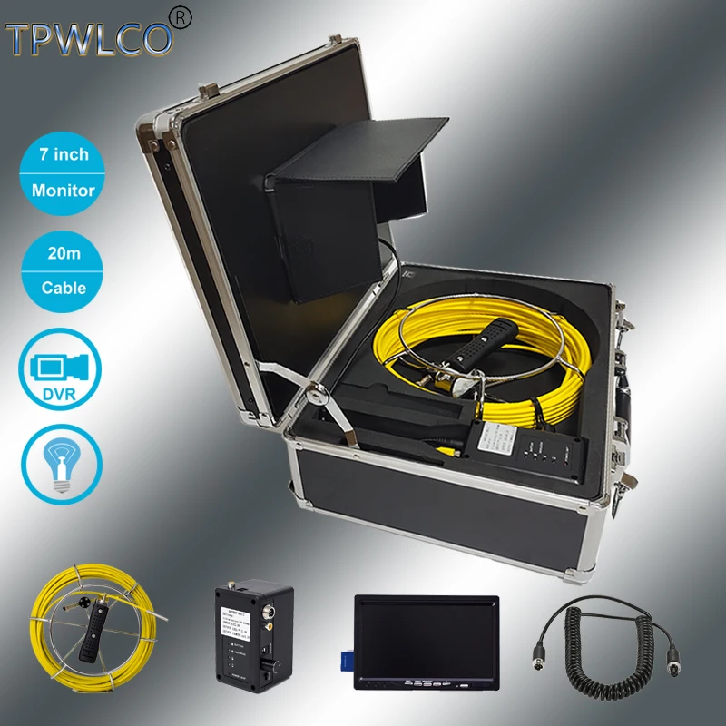 Камера эндоскопа CCTV диаметром 6,5 мм / 17 мм / 23 мм с кабелем длиной 20 м и дисплеем 7 дюймов, система инспекции промышленных трубопроводов с записывающим устройством DVR и картой 8 ГБ.