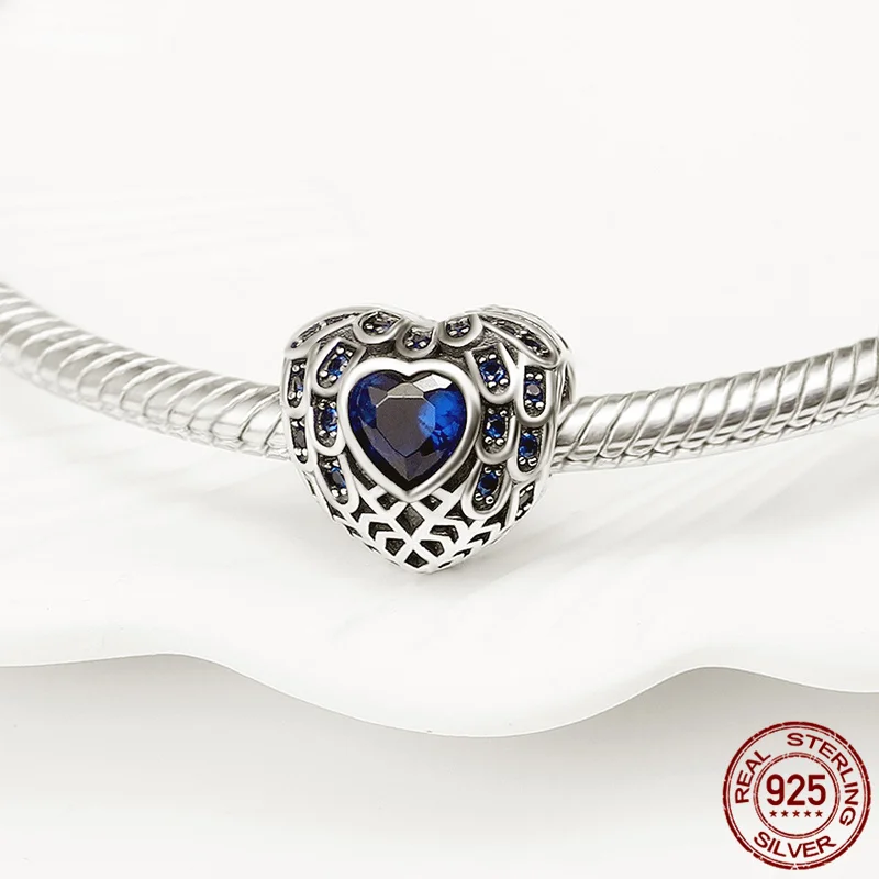 

silver color Blue Zircon Heart Beads Fit Original 3mm Bracelet&Bangle For Women Birthday Fashion Jewelry Gift