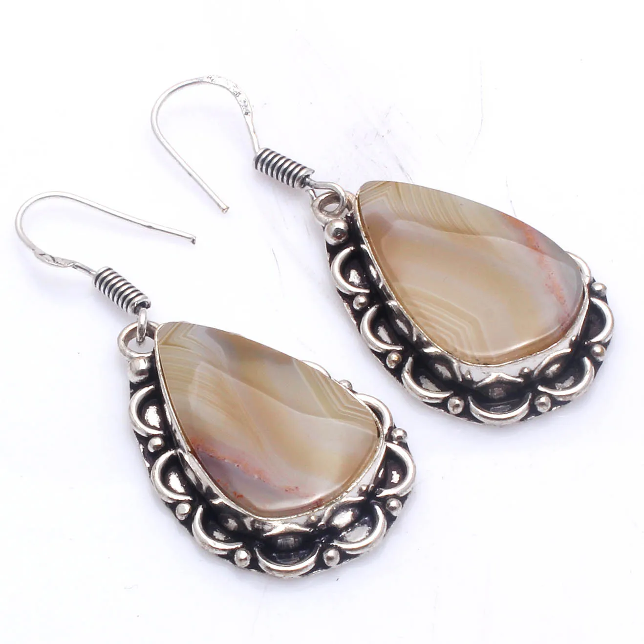 

Genuine Botswana Agate Silver Overlay on Copper Earrings ,Hand made Women Jewelry Gift , 50 mm, E5790
