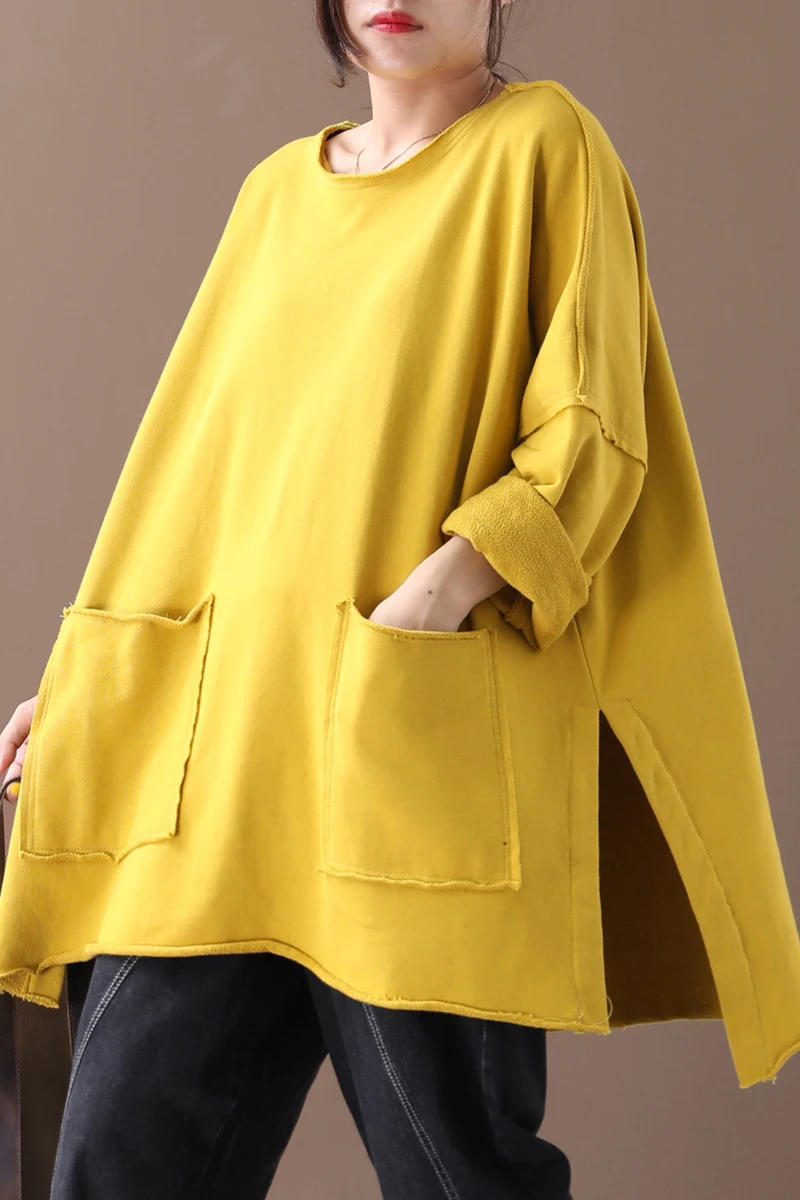 

Pullovers Female Tops O-Neck Long-sleeved pocket Split the fork Hoodies Women Hoodies Autumn Winter Large size Loose Retro