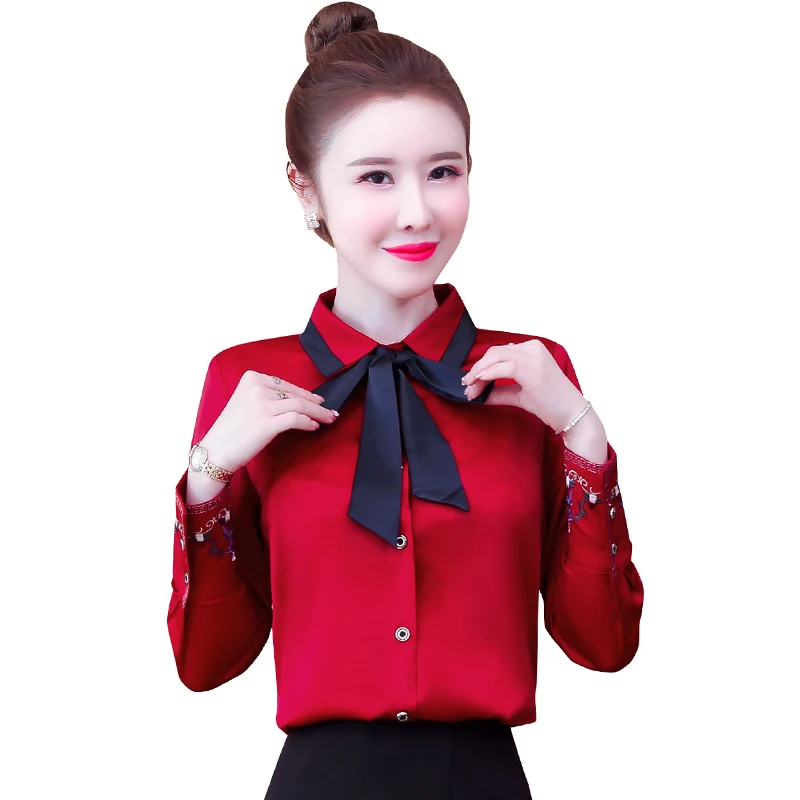 

Chiffon Slim Women's Shirts New Fashion Blouses Embroidery Bow Tie Shirts Autumn Casual Long Sleeve Blusas Houthion