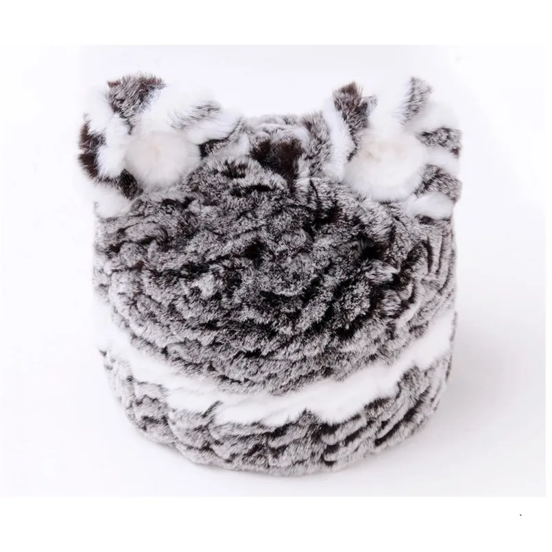 

Fur Hat Female Real Rex Rabbit Cap for Women Winter Warm Knitted Beanies Russian Warm Hats H17