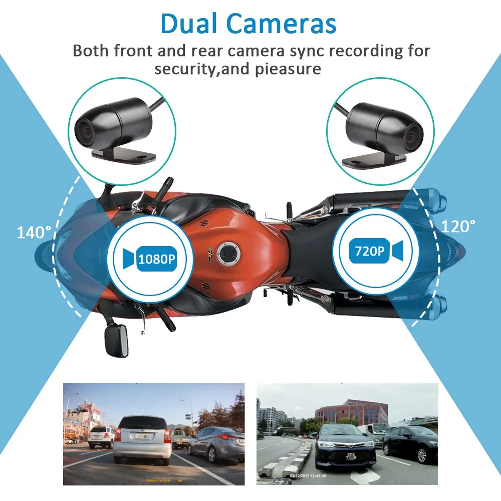 Мотоцикл WiFi дуальный Камера DVR Регистраторы Dash Cam спереди 1080P + 720P зеркало заднего