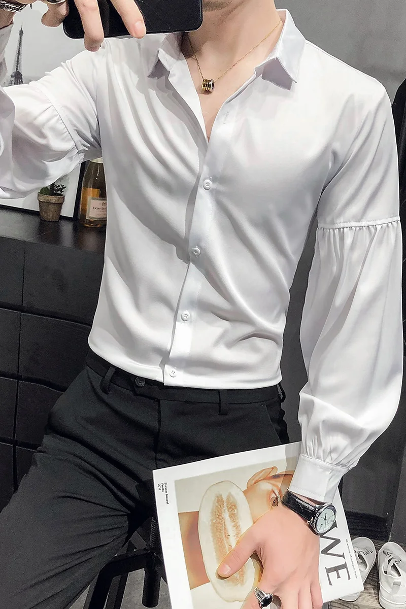 

Solid Color Men Shirts Puff Sleeve Nightclub Stage Social Party Blouse Chemise Homme Slim Fit Streetwear Men Clothing Camisas