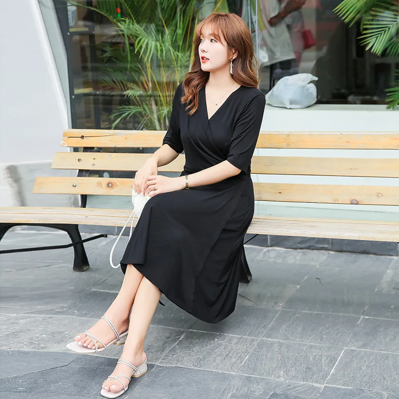 

Black Sexy V Neck Tie Wrap Woman Dress Summer Short Sleeve Midi Party Dress Vestidos Plus Size dresses for women robes
