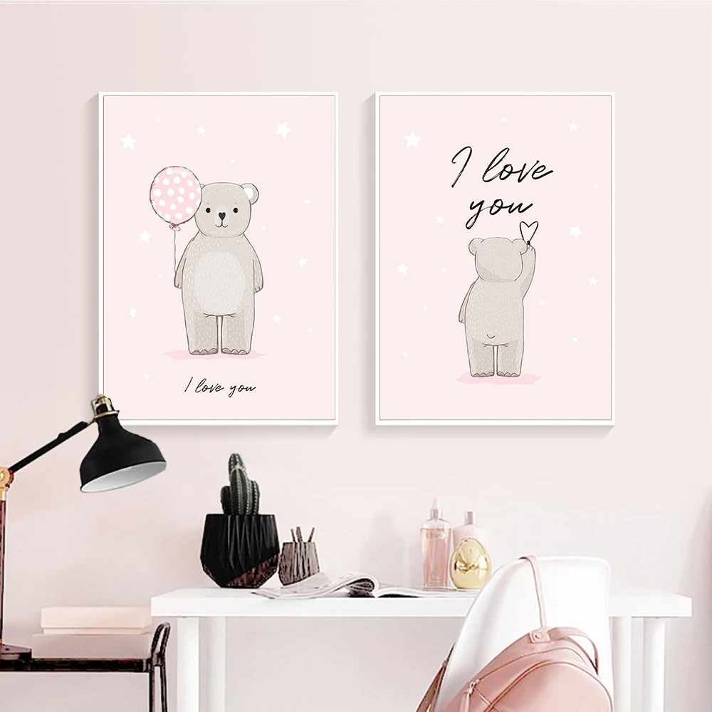 Милый медвежонок детская настенная живопись розовый воздушный шар холст постер