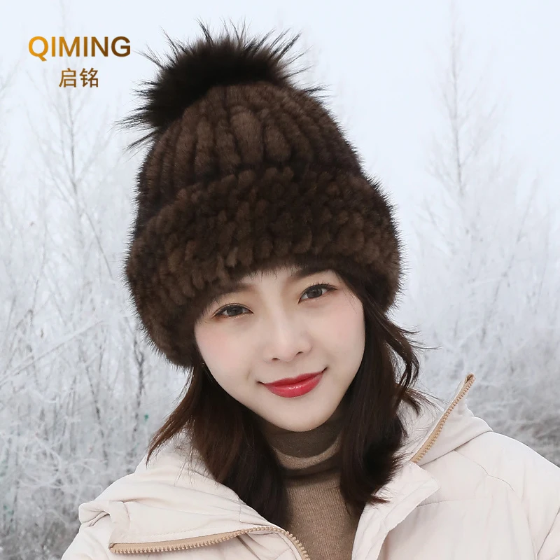 

Hot Sale Russia Beanies Winter Real Fur Hat Natural Warm Mink Fur Cap Lady Knitted Genuine Mink Fur Hats Women Beanie Pompon