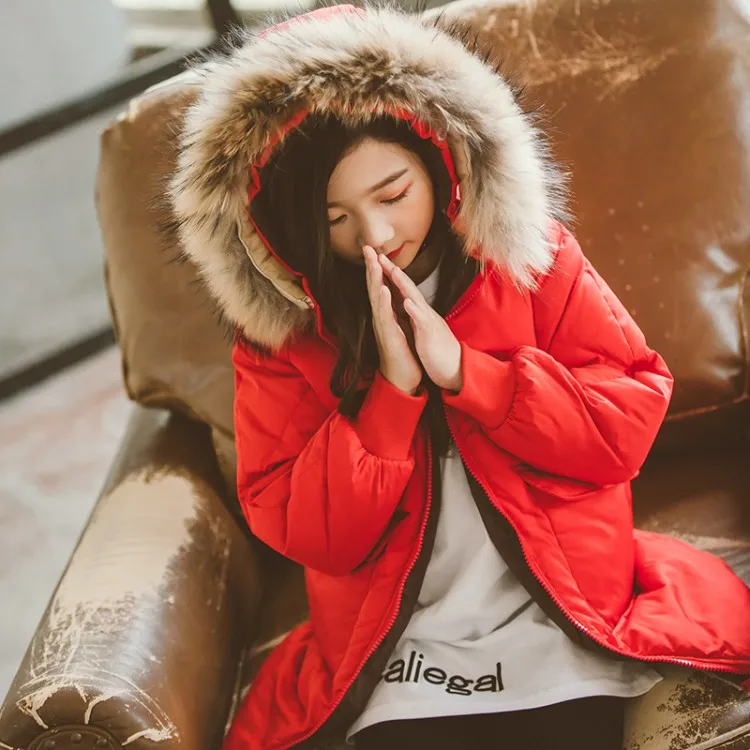 Fashion Children Winter Down Cotton Jacket Girl Clothing Kids Clothes Warm Thick Parka Fur Collar Hooded Long Coats Outfits