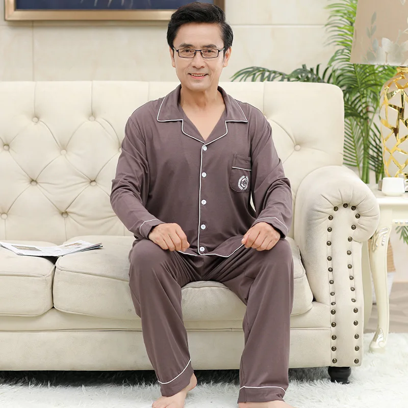 

Middle Aged Elderly Men's 2PCS Pajamas Suit M-4XL Big Size Modal Sleepwear Full Sleeve Pant Loose Nightwear Dad's Home Clothes