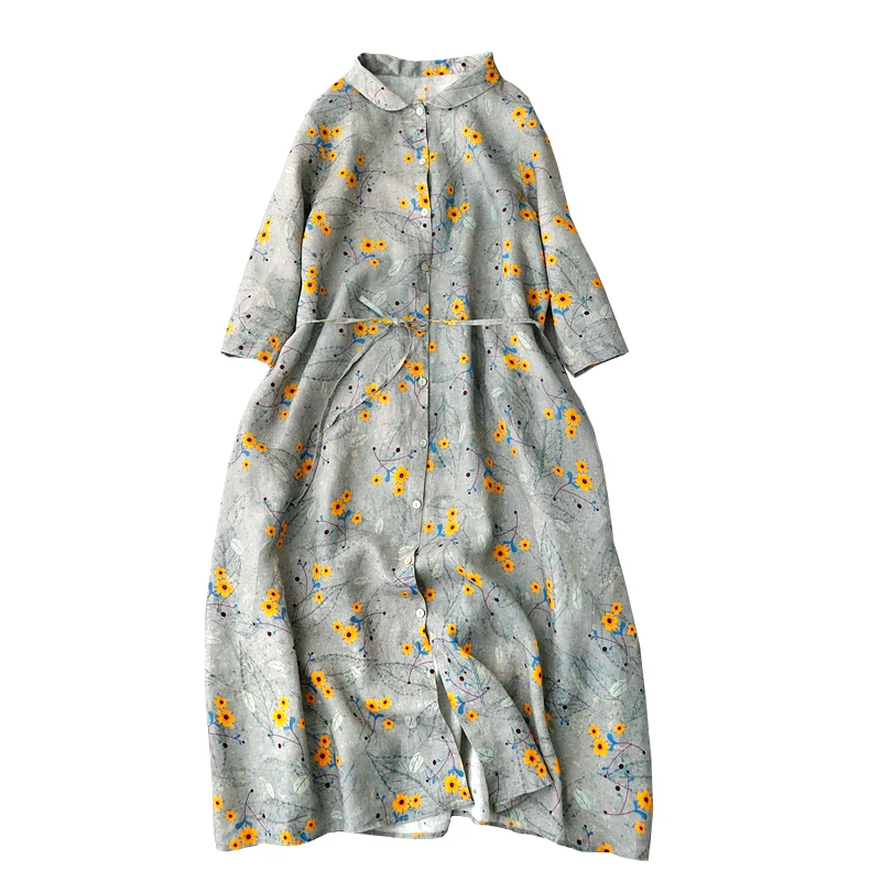 

Shuchan Dress for Women Prairie Chic Linen Print A-Line Three Quarter Sleeve 2021 Summer Dresses Sashes Mid-Calf