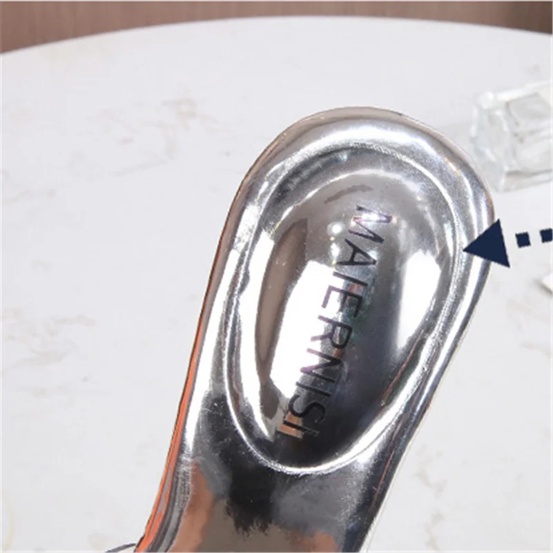 2022 Women Summer 6.5cm High Heels Slides Mules Lady Transparent Glossy Slippers Clear Low Heels PVC Sparkly Casual Silver Shoes images - 6