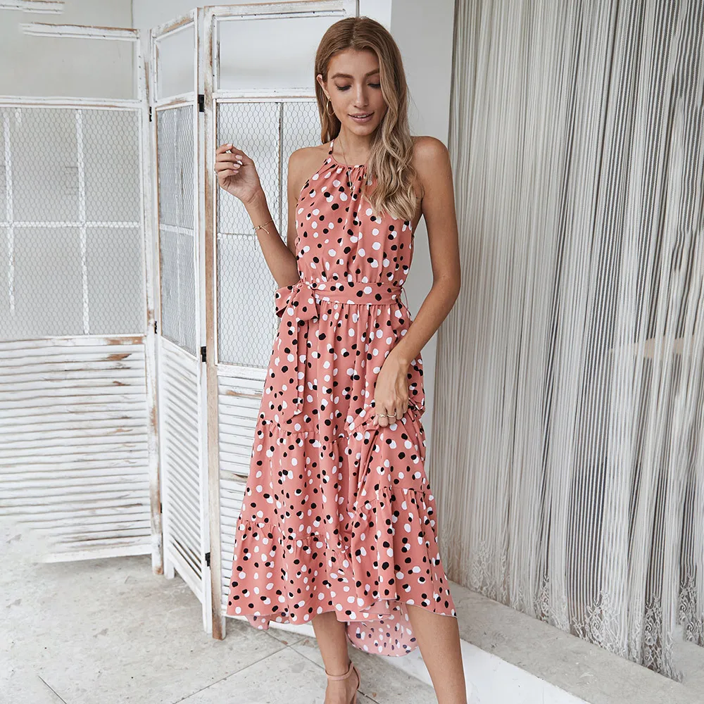 

2021 Women Polka Dot Holiday Dress Summer Fashion Bohemia Style Bandage Belt Halter Slim Loose Long Dressses Vestidos New