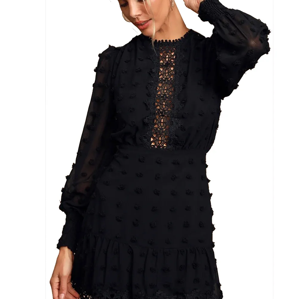 Женское прозрачное Сетчатое кружевное платье с длинным рукавом и рюшами осенние