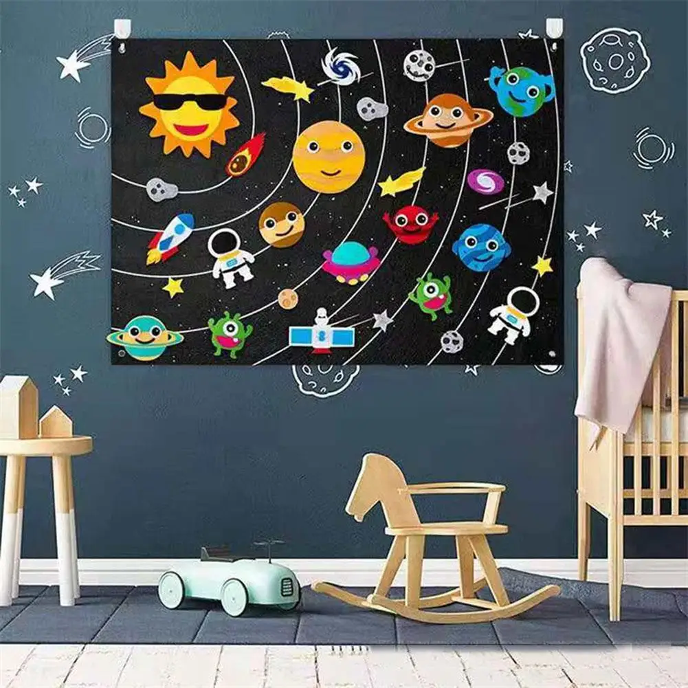 Kit de Fieltro Montessori para educaci&oacute;n temprana para ni&ntilde;os, Kit de Fieltro hecho a mano con aguja, Sistema Solar, juguetes espaciales, tablero de Fieltro, Material artesanal-4