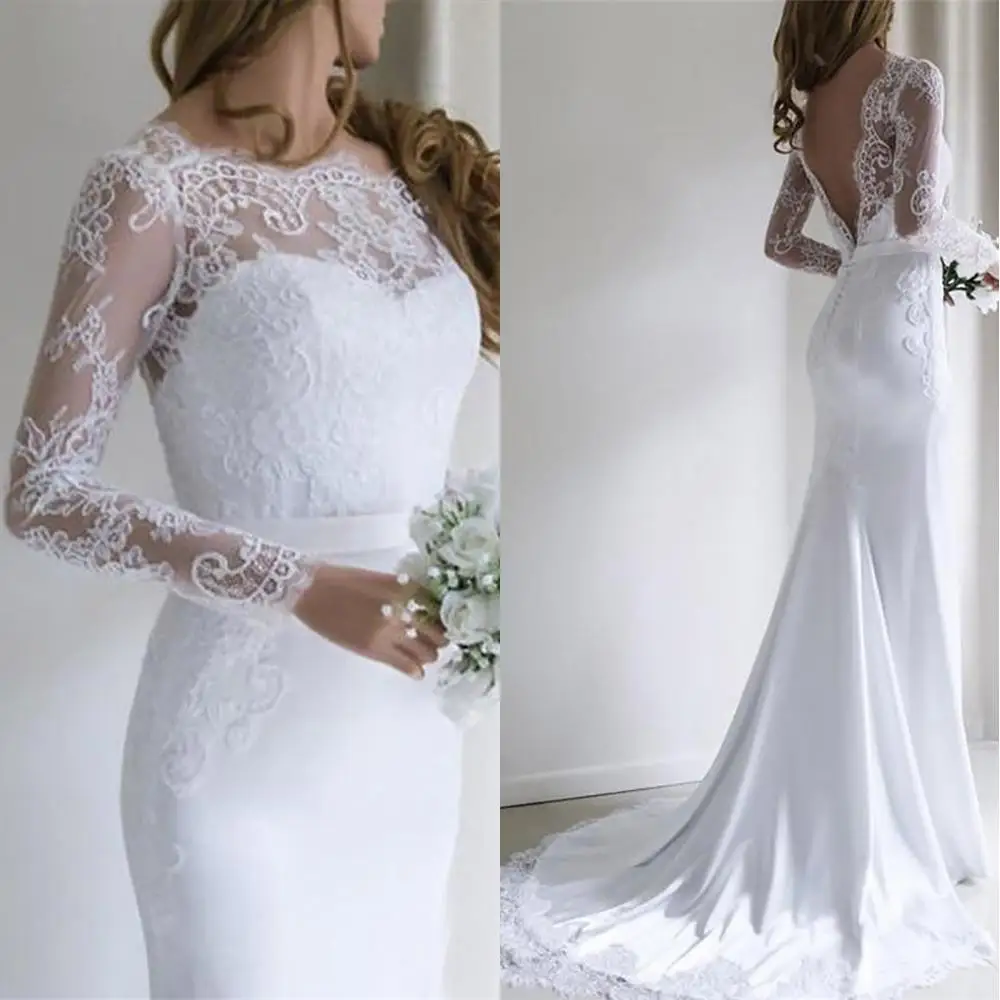 

Custom Lace Applique New Illusion Wed Dresses Wed Trumpet Mermaid Bridal Gowns Bateau Satin Backless Long Sleeve Wedding Dresses