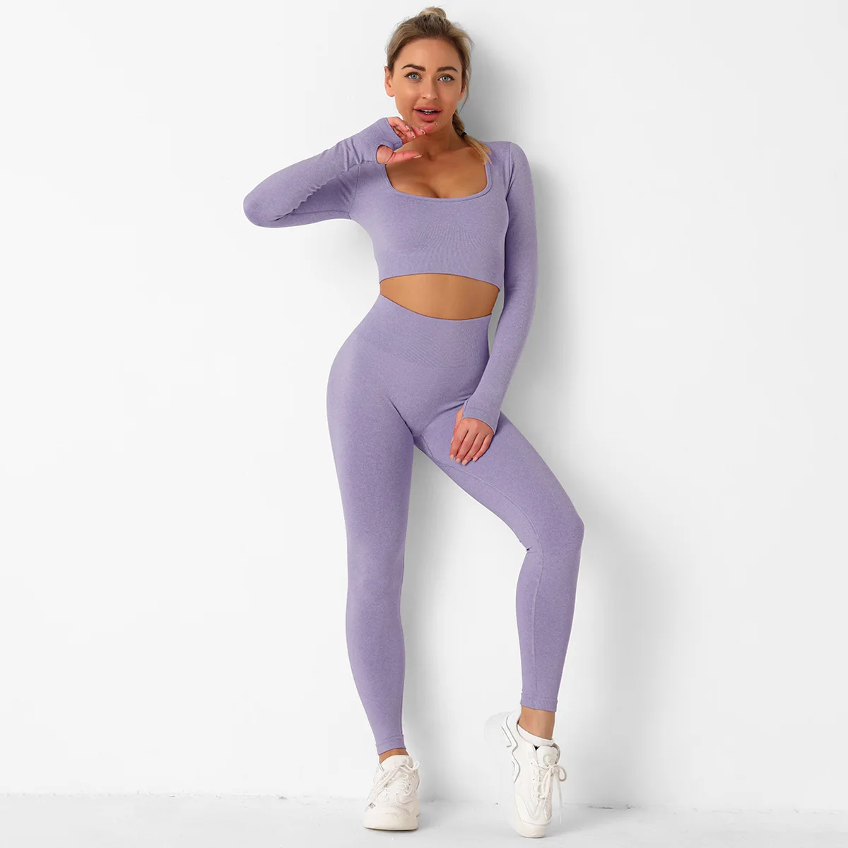 Seamless 2 PCS Yoga Set Long Sleeve Crop Top Leggings Tracksuit Summer Workout Sportswear Fitness GYM Clothes Active Female Suit | Спорт и