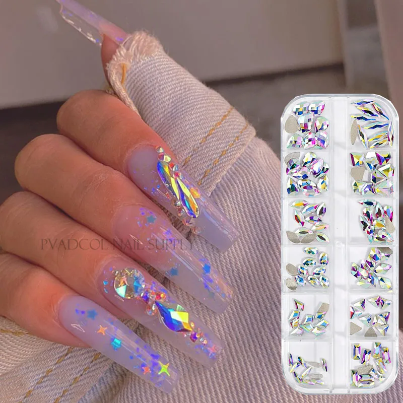 

120pcs/lot Glass Crystal Nail Art AB Rhinestones Multi Shape FlatBack Glitter Diamond 3D Tips Decoration