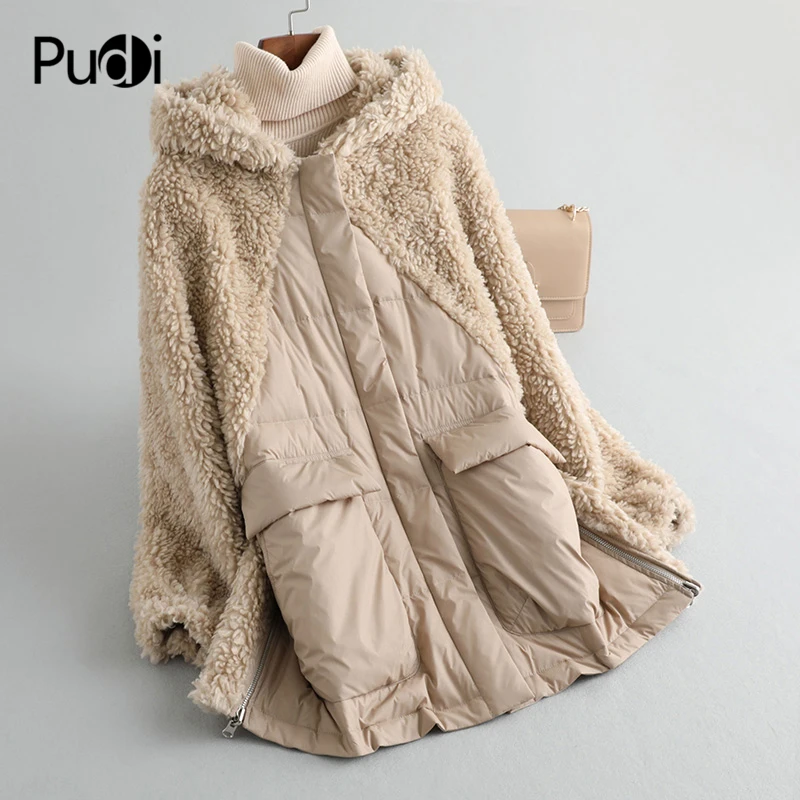 PUDI A59233 women winter polyester fabric real wool fur down warm jacket small camel fur girl coat lady Long jacket overcoat