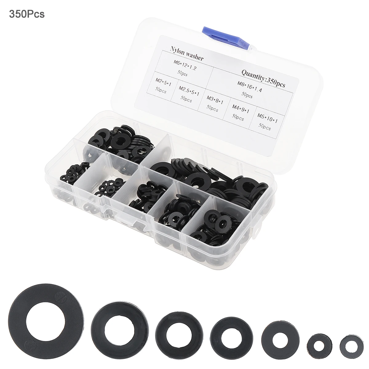 

New Black 350pcs/set Nylon Flat Round Plastic Washer with M2 M2.5 M3 M4 M5 M6 M8 Assortment Kit for Machinery Industry