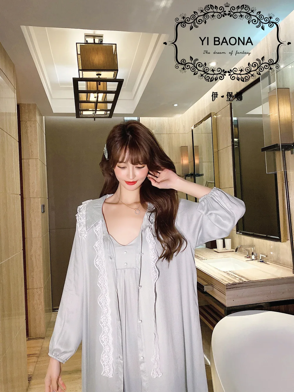 

Spring and Summer New Product Korean Nightwear Women Set Sweet Lace Satin Cotton Satin Nightdress Nightgown Two-piece Home Wear