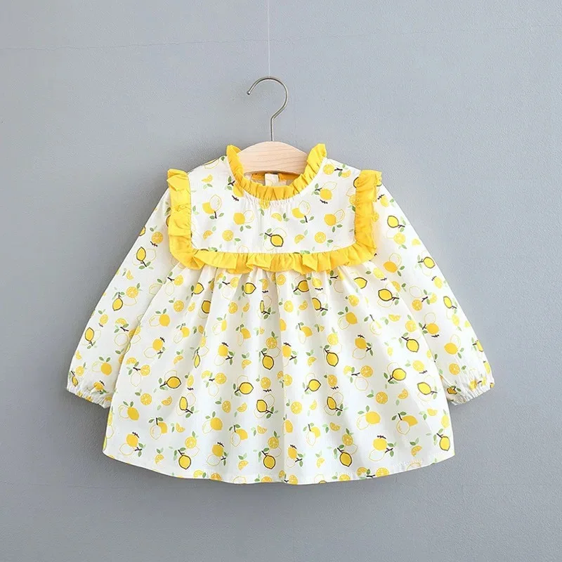 

Новая весенняя одежда для новорожденных; Платье для маленьких девочек; Хлопковое платье с печатным рисунком и длинным рукавом, кружевное пл...