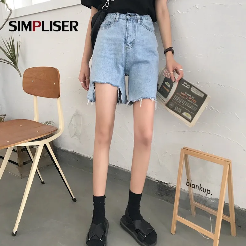 

Knee Length Jeans Pants Women Capri Jeans Shorts High Waisted Ripped Summer Hot Shorts 2021 Blue Short Jeans Feminino