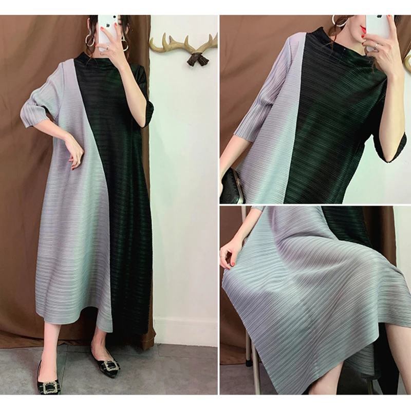 

High Quality New Thai Style Elegant Contrast Color Women's Mid-length Skirt Pleated Skirt Fashionable Loose Large Size Dress