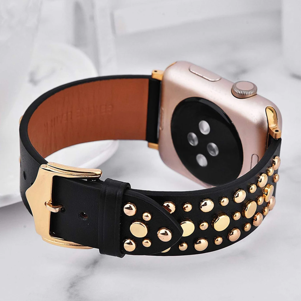 Rivets Band For Apple Watch Series 8 7 6 5 4 3 2 Sport Loop Strap Correa iwatch 38mm 40mm Bracelet 41/45mm 44/42mm Leather Belt