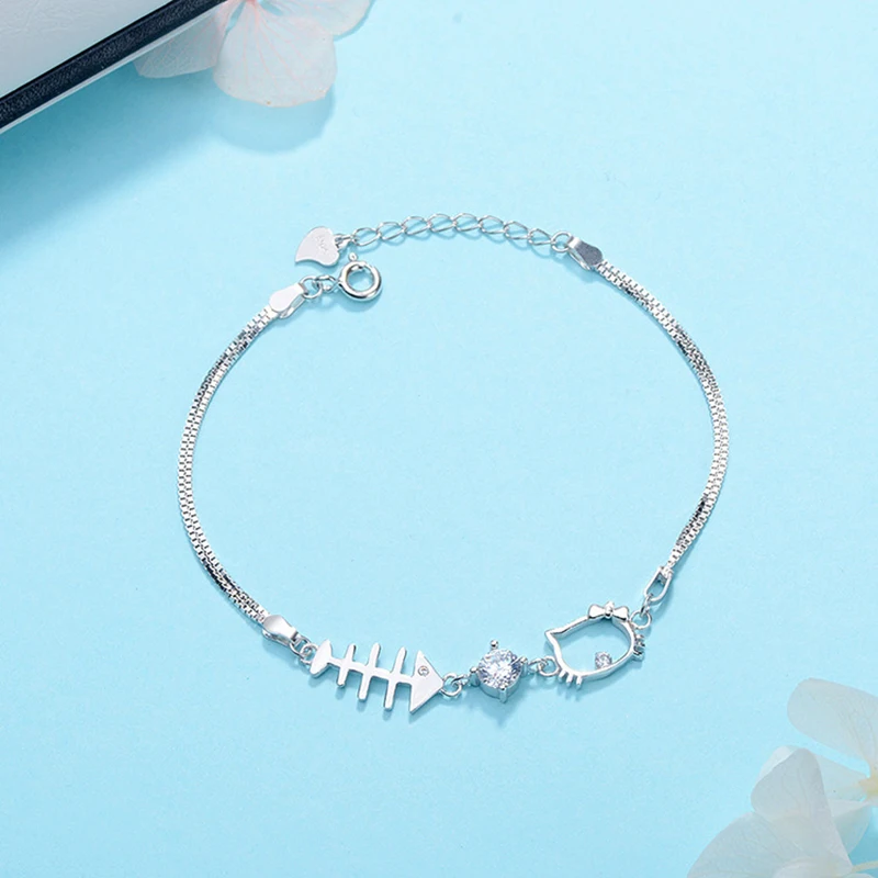 

s925 metal cute cat kitty bracelet female Korean version of crystal zircon cat small fish fish bone bracelet jewelry