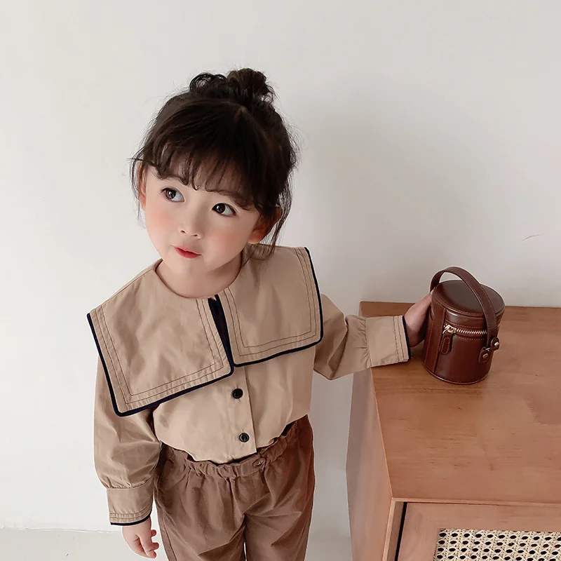 

Girls cotton big turn-down collar long sleeve shirts Spring casual sailor style base Tops