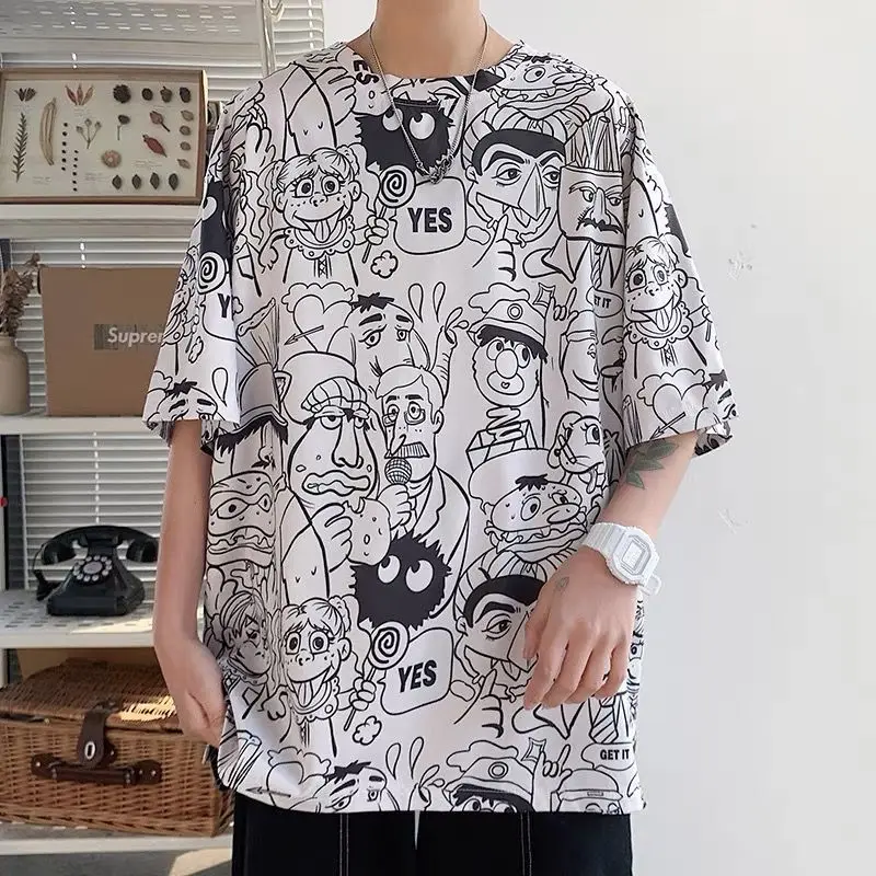 

Cartoon Short-Sleeved T-Shirt Men 's Summer Round Neck Graffiti Half-Sleeved Casual Plus Size Student Top