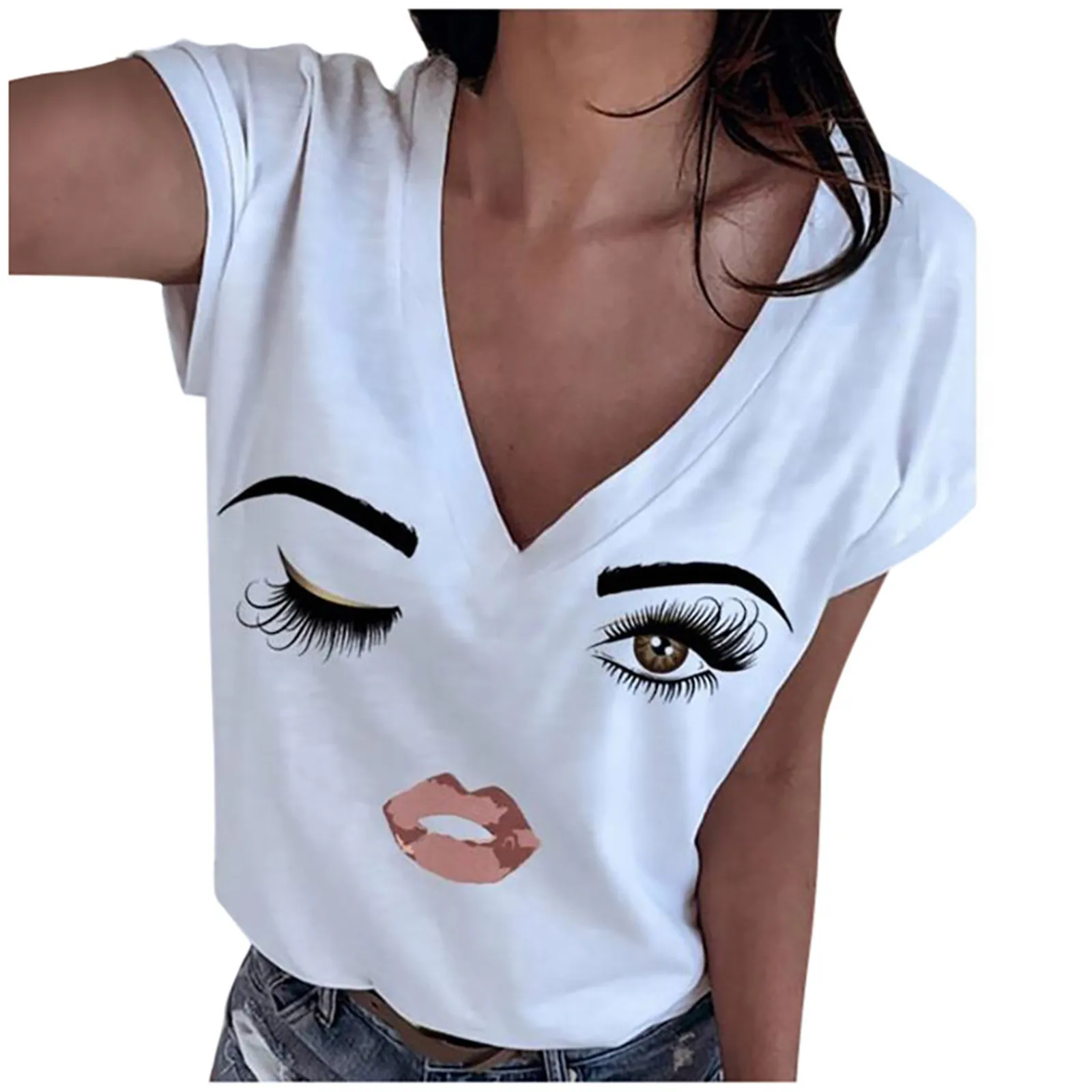 

Женские футболки с принтом персонажа, летняя женская футболка с V-образным вырезом и коротким рукавом, Повседневная эстетичная футболка в с...
