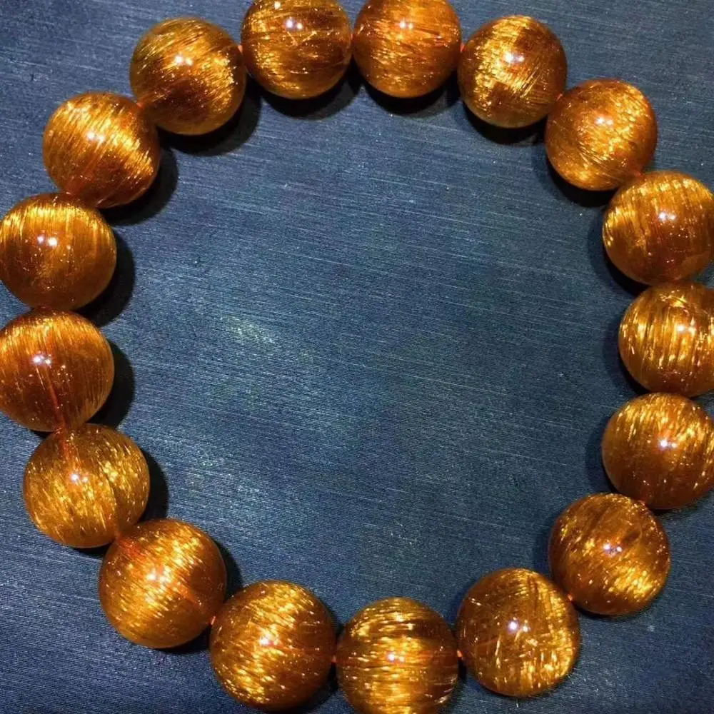 

Natural Copper Rutilated Quartz Bracelet Rare Cat Eye 12.5mm Gemstone Clear Round Crystal Beads Rare AAAAA