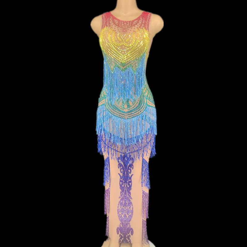 Rhinestones Tassel Mesh Dress Women Evening Party See Through Crystal Birthday Celebration Sexy Long Stage Outfits | Женская одежда