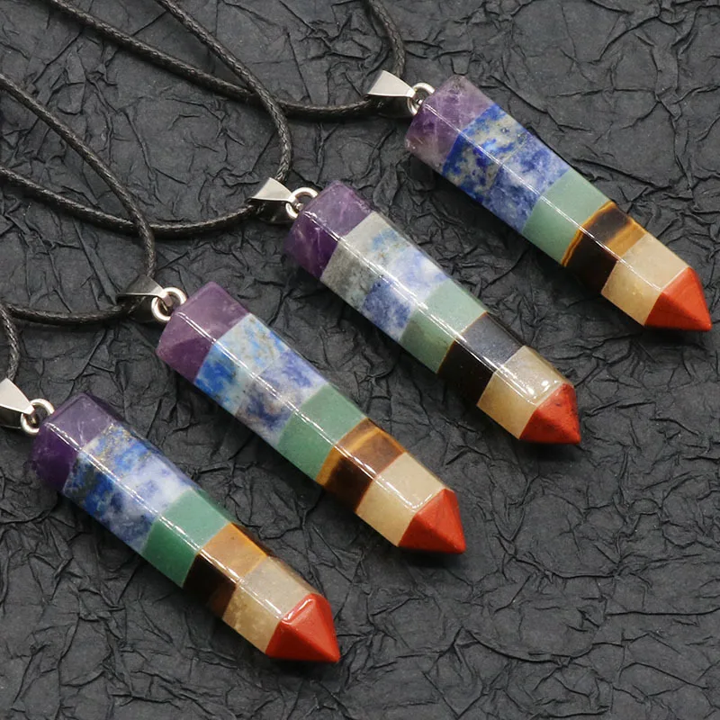 

Natural Crystal Seven-color Stone Splicing Hexagonal Column Pendant Chakra Necklace For Women Jewelry