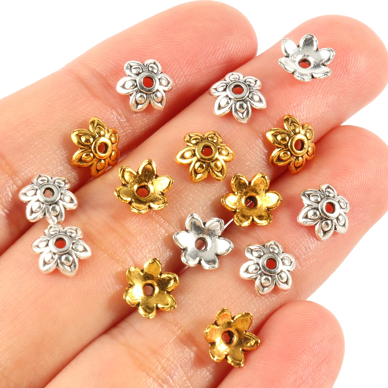 

100pcs Mixed Tibetan Silver Color Gold Flower Metal Spacer Loose End Bead Caps for Jewelry Making DIY Bracelet Findings 7x2mm