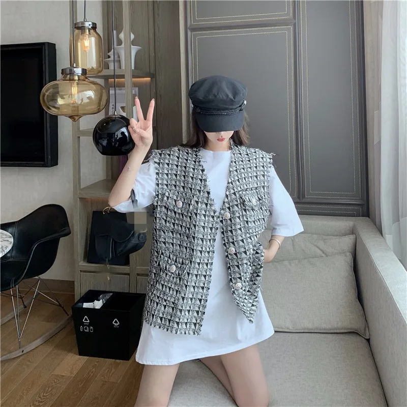 Женский жилет с узором ромбиками однобортный Тонкий твидовый Свободный без