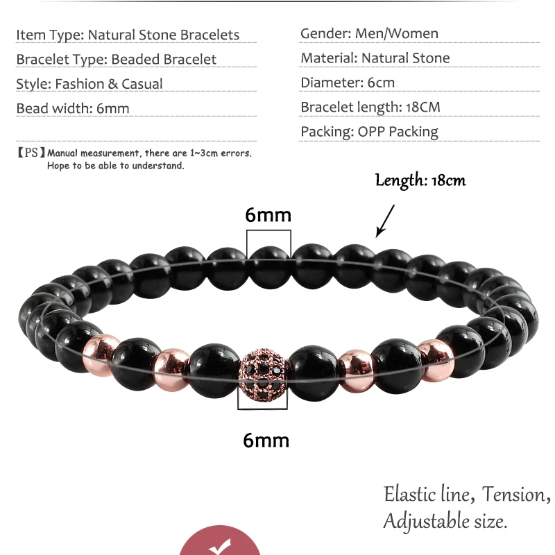 Панк мужской женский браслет микро Pave CZ 6 мм диско шар натуральный камень бусины