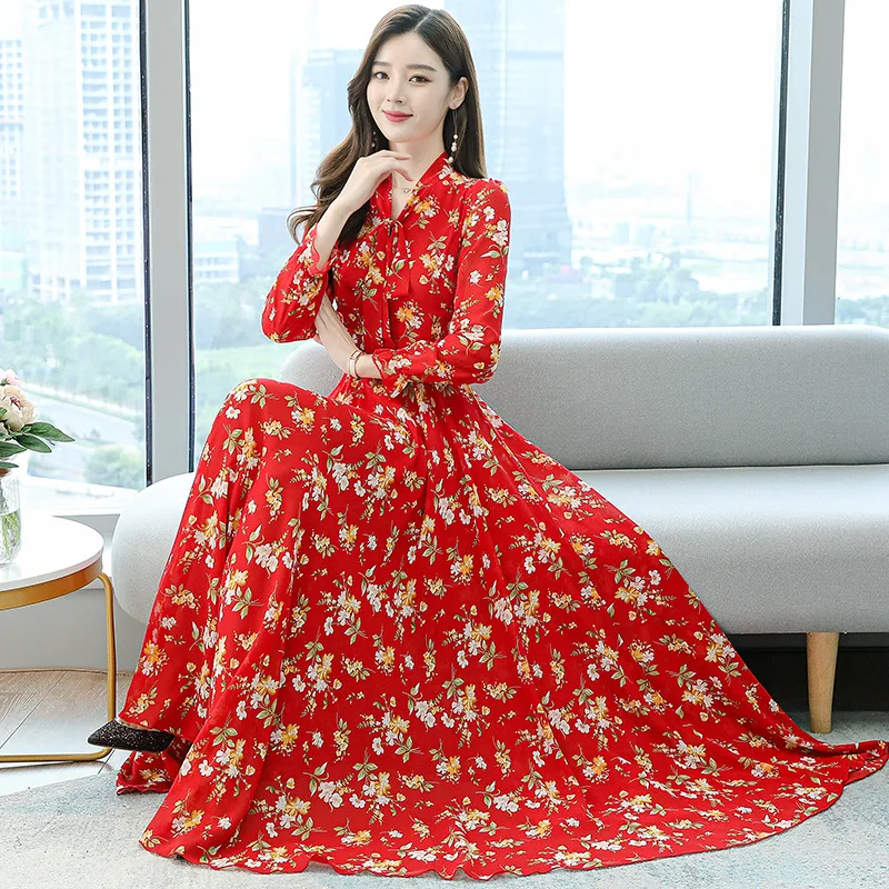 

Long sleeve V-neck bow dress Women's 2020 spring and autumn new waist slimming big knee long dress