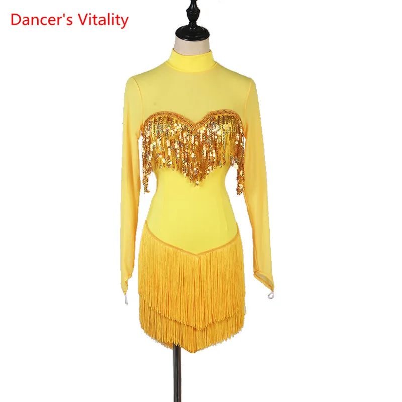 

Latin Dance Female Adult Elegant Sequins Dress Performance Clothing girl Profession Custom Competition Tassel Skirt