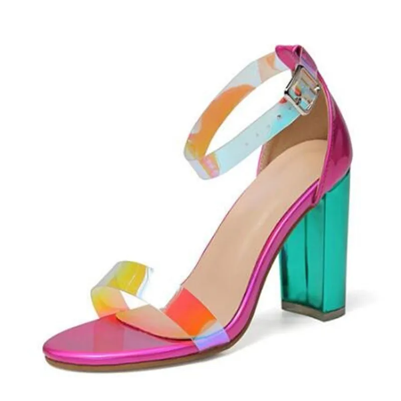 

Summer High-heeled Sandals Sexy Peep Toe Ladies Transparent Crystal High Heel Shoes PVC Colorful Women Ankle Buckle Strap Sandal