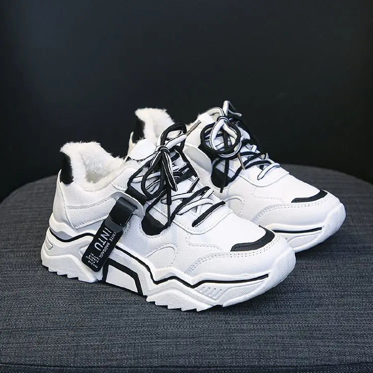 Women Sneakers Hidden Heels Winter High Top Plush Inside Warm Dad Chunky Platform Height Increasing Black Ankle Sneakers Female