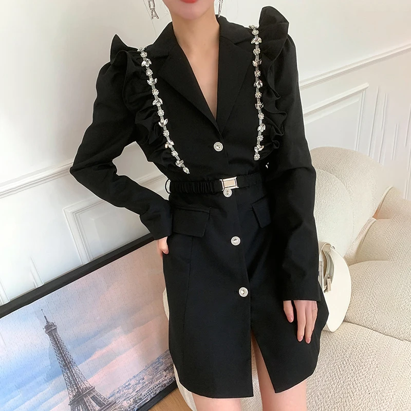 

New Autumn French Black Blazer Dress Women Rhinestone Ruffles Notched Collar Vintage Mini Party Dresses with Belt Robe Femme