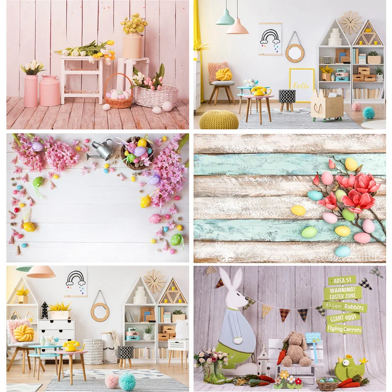 

Vinyl Custom Easter day Photography Backdrop Props Rabbit Flowers Eggs Wood Board Photo Studio Background 210318HJ-02