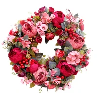 decorative door wreathsilk flower peony head flower wreath 40cm handmade garland for autumn winter outdoor display red