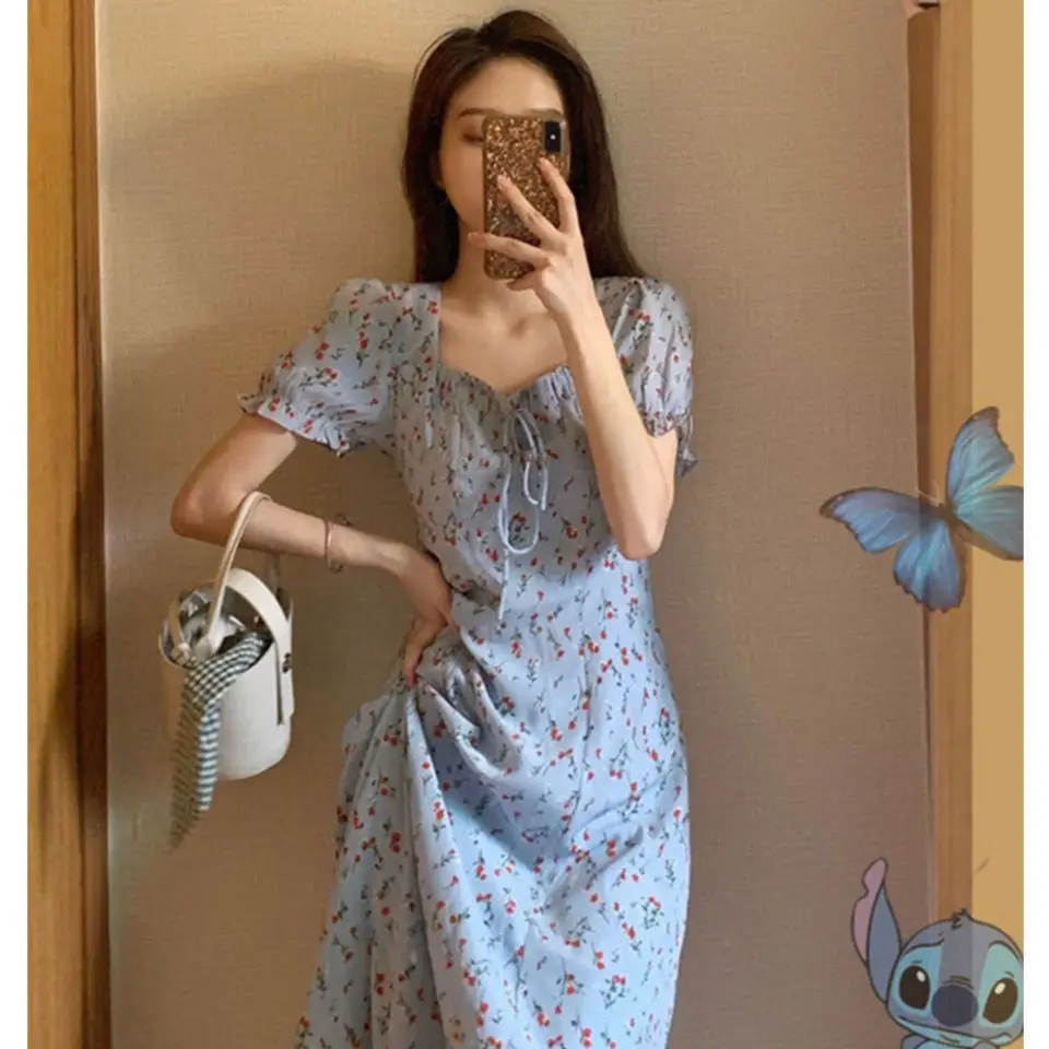 

Platycodon grandiflorum French niche retro fairy floral long skirt waist was thin and temperament square collar dress female sum