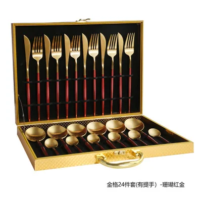 24pcs with giftbox Черный золотой набор столовых приборов 24 столовых приборов набор 18/10 из нержавеющей стали столовая вилка и нож белый золотой набор столовых приборов розовый с деревянной подарочной коробкой - Цвет: 24pcs with giftbox