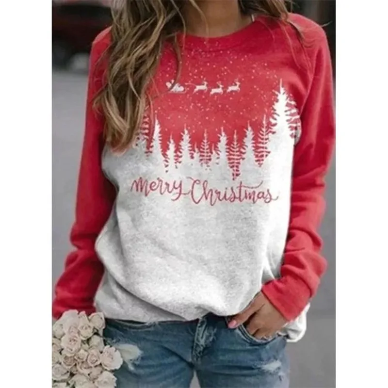 

Red Christmas Print Oversized Crewneck Sweatshirt Women Long Sleeve Loose Vintage Casual Sweet Fashion Tops for Teen Spring 2021